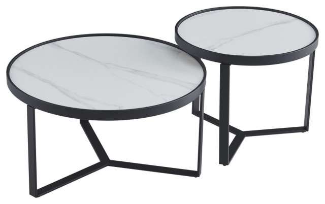 Modern Nesting Coffee Table Set, Black Metal Frame With Round Stone ...