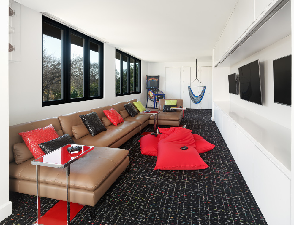 North Dallas - Example of a mid-sized trendy boy carpeted and black floor playroom design in Dallas with white walls