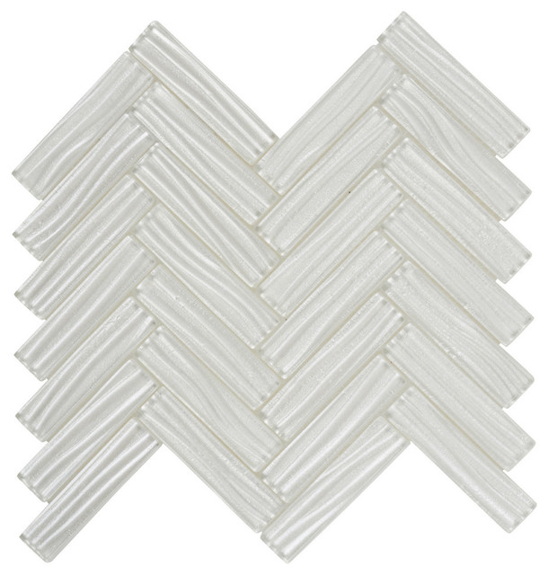 White Metallic Wave Mosaic Tile Herringbone Backsplash - Contemporary