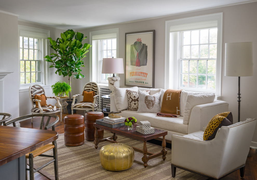 Transitional formal and open concept dark wood floor and brown floor living room photo in Boston with beige walls