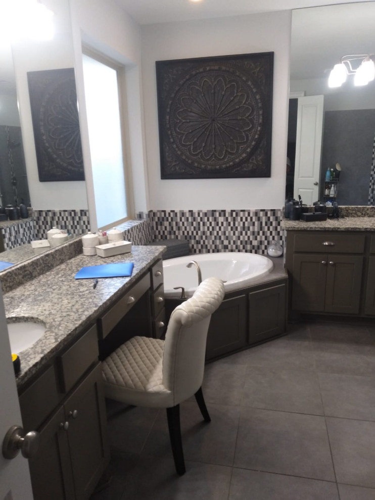 Mid-sized master bathroom in Houston with shaker cabinets, white cabinets, a corner shower, a one-piece toilet, white tile, cement tile, white walls, ceramic floors, a console sink, marble benchtops, grey floor, an open shower, white benchtops, a single vanity, a built-in vanity and coffered.