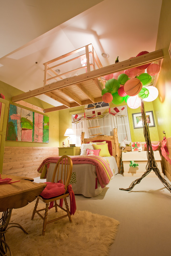 Eclectic kids' bedroom in New York with green walls for kids 4-10 years old and girls.