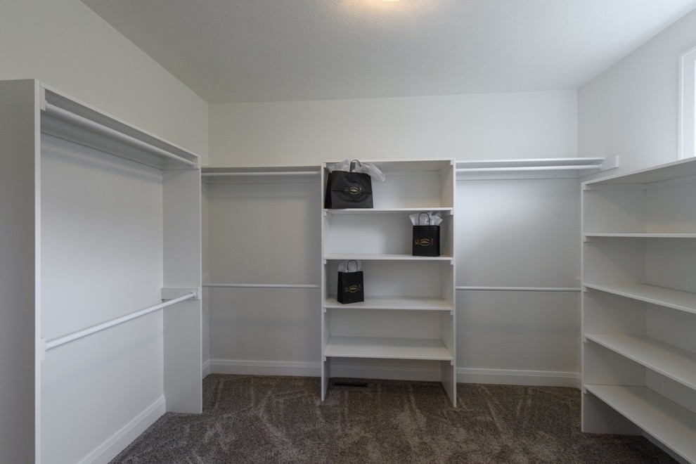 Inspiration for a large craftsman gender-neutral carpeted and beige floor walk-in closet remodel in Other