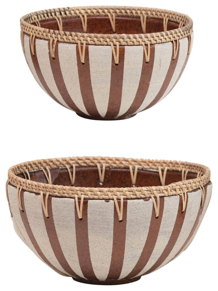 Handmade Decorative Terracotta Bowls With Woven Rattan Rims, 2Piece