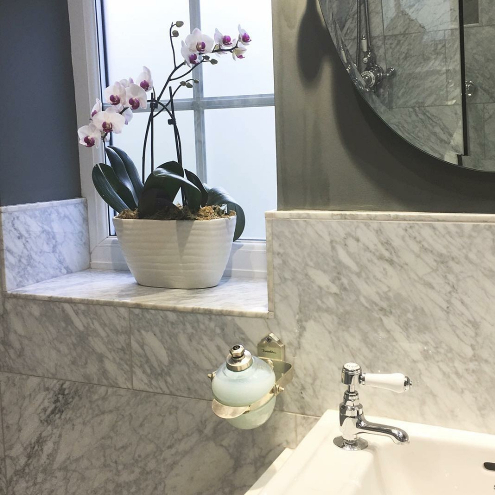 Inspiration for a small contemporary kids bathroom in Surrey with recessed-panel cabinets, grey cabinets, an open shower, a one-piece toilet, marble, grey walls, marble floors, quartzite benchtops, grey floor, an open shower, white benchtops, a single vanity and a freestanding vanity.