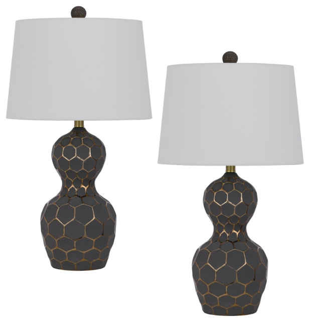 27 Inch Modern Curved Table Lamp Set Of 2 Round Shade Black Gold Resin