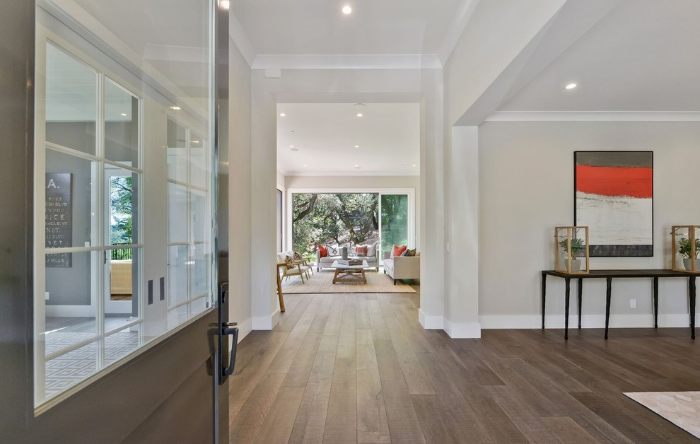 This is an example of a large contemporary entryway in San Francisco with medium hardwood floors and brown floor.