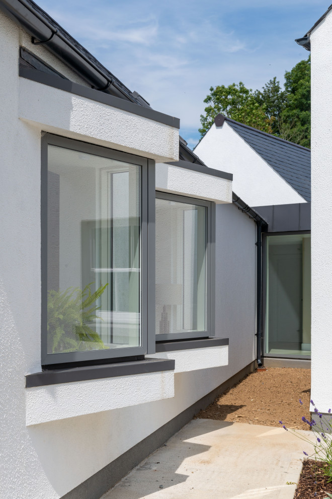 Inspiration for a white contemporary render detached house in Other with a pitched roof, a tiled roof and a black roof.