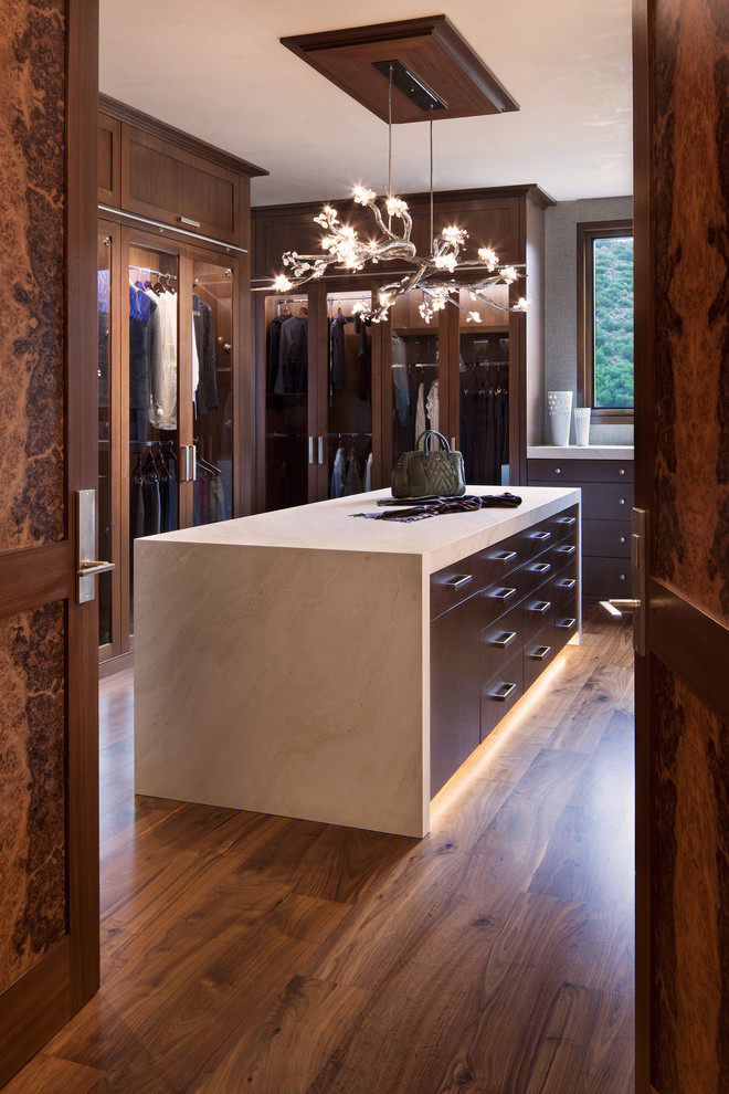 This is an example of a country gender-neutral walk-in wardrobe in Denver with glass-front cabinets, dark wood cabinets, medium hardwood floors and brown floor.