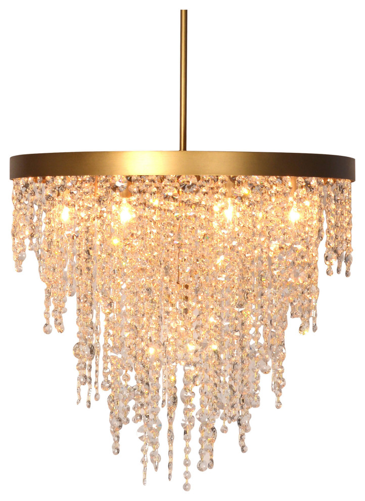Gloria 24" Diameter Round Hanging Crystal and Brushed Brass Waterfall Chandelier