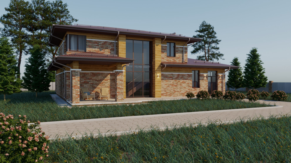 Двухэтажный дом из кирпича в стиле архитектора Ф.Л. Райта