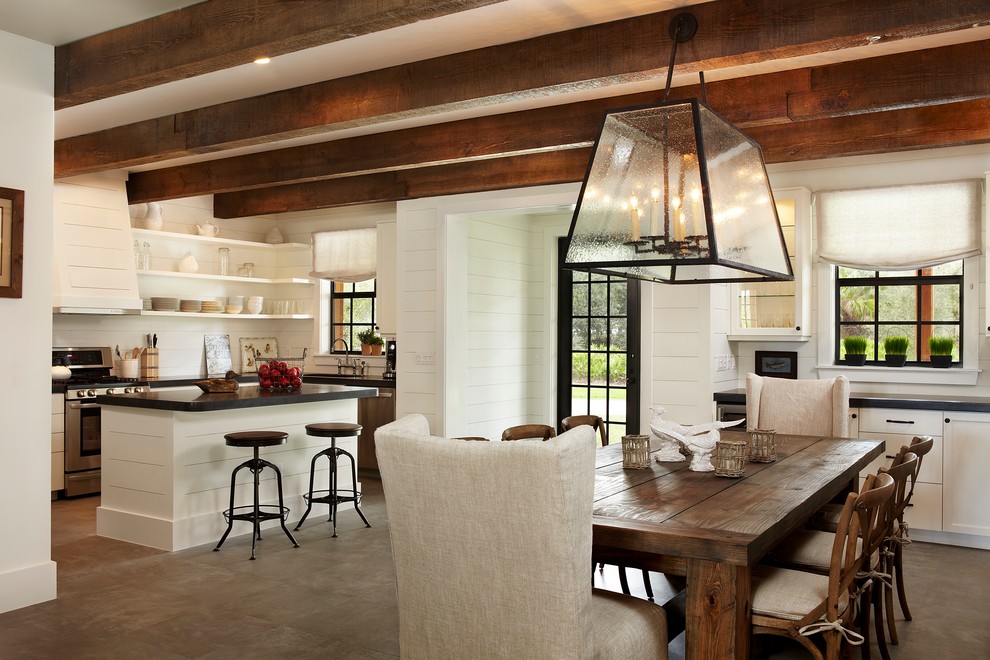 Dining room - rustic dining room idea in Miami with open cabinets, white cabinets and stainless steel appliances