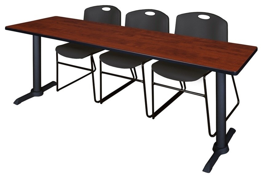 Cain 84"x24" Training Table, Cherry and 3 Zeng Stack Chairs, Black