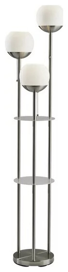 Modern Floor Lamp, Metal Frame With Shelves & Opal Glass Shades, Brushed Steel
