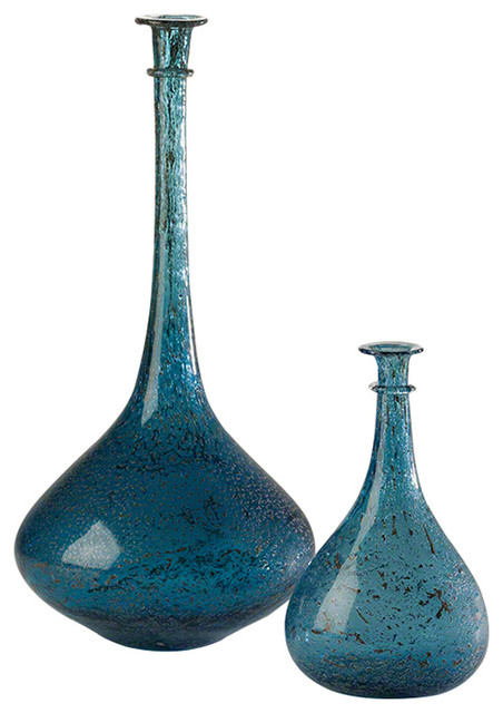 2 Piece Gold Flecked Aqua Blue Glass Vase Set Contemporary