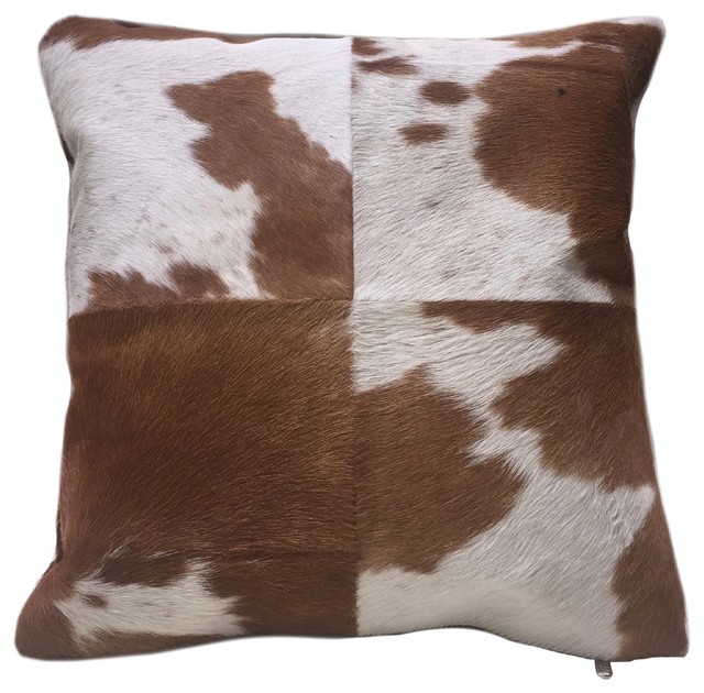 Brown and White Cowhide Pillow Heifer, Double Sided Leather Pillow