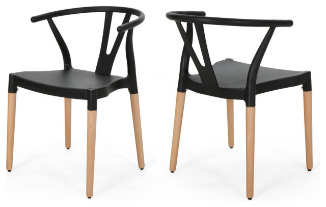 Victoria Modern Dining Chair With Beech Wood Legs, Set of 2, Black, Natural Wood Finish