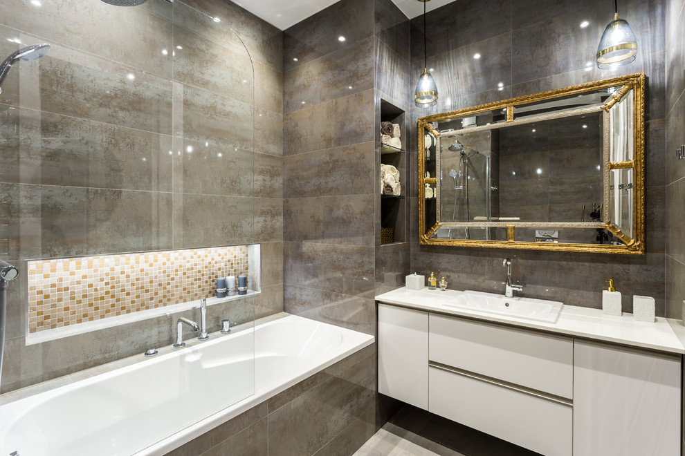 Design ideas for a contemporary master bathroom in Saint Petersburg with flat-panel cabinets, white cabinets, an alcove tub, a shower/bathtub combo, brown tile, a drop-in sink, white benchtops, brown walls, beige floor and an open shower.