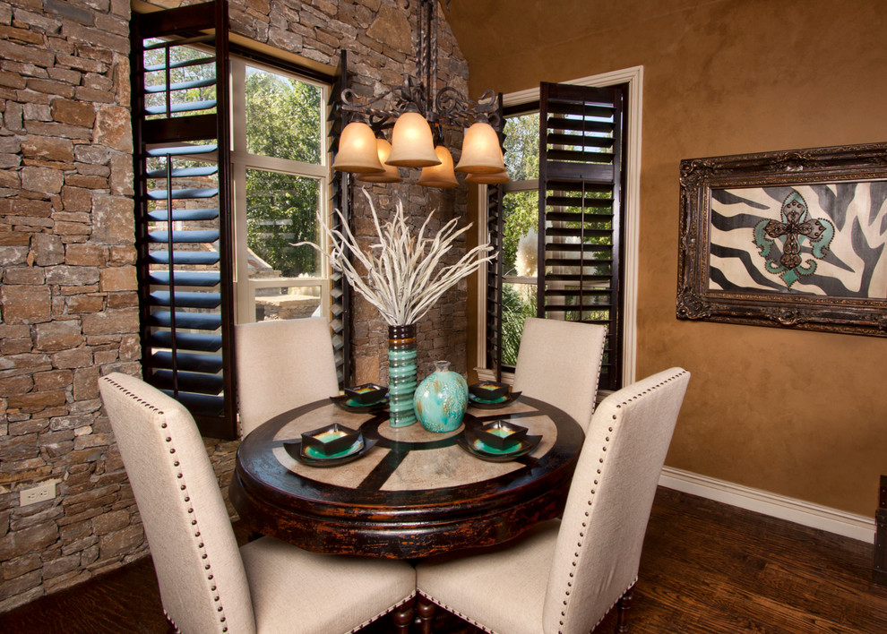 Mid-sized transitional dark wood floor and brown floor kitchen/dining room combo photo with brown walls