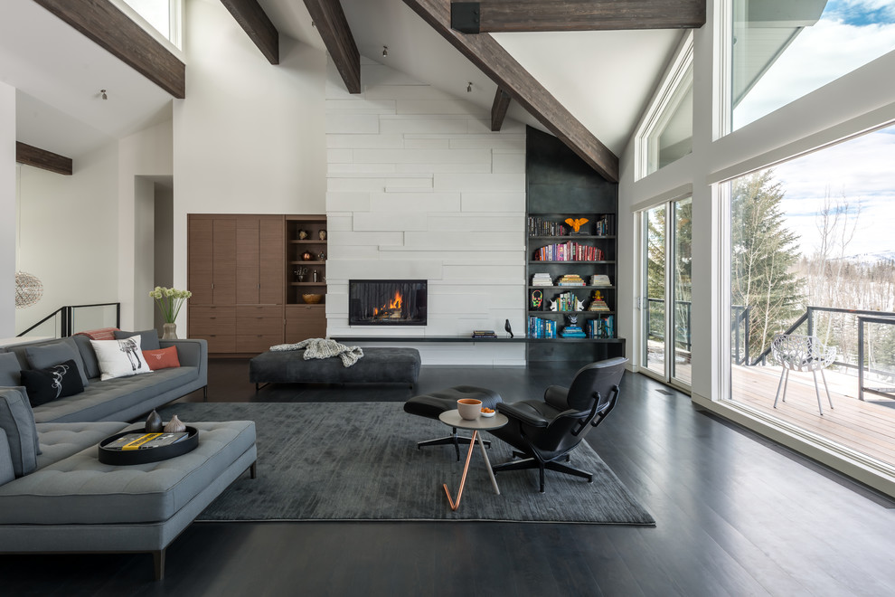 Contemporary open concept living room in Other with white walls, dark hardwood floors and a ribbon fireplace.