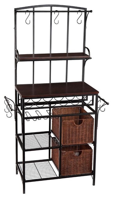 4 Tier Black Metal Bakers Rack Shelf Unit With Baskets And Wine