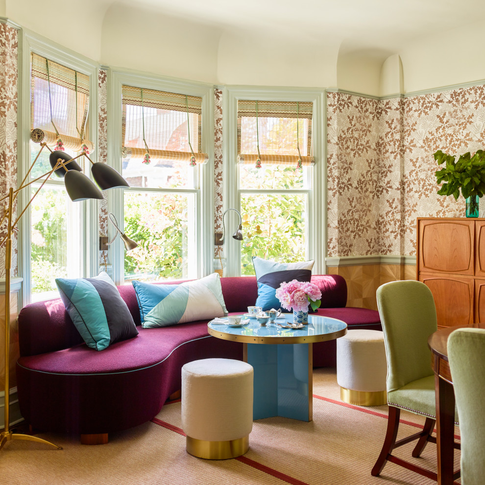 Larchmont Victorian - The mantle is original but we added the Victorian painted tile surround. The chair rail was existing, we combined two wallpapers to make it interesting. The rug is an outdoor sisal, we stitched it together like tatami mats. Client's grandmother's table, mixed with new colorful custom furniture. We designed and had made the tea table and sofa in the window.