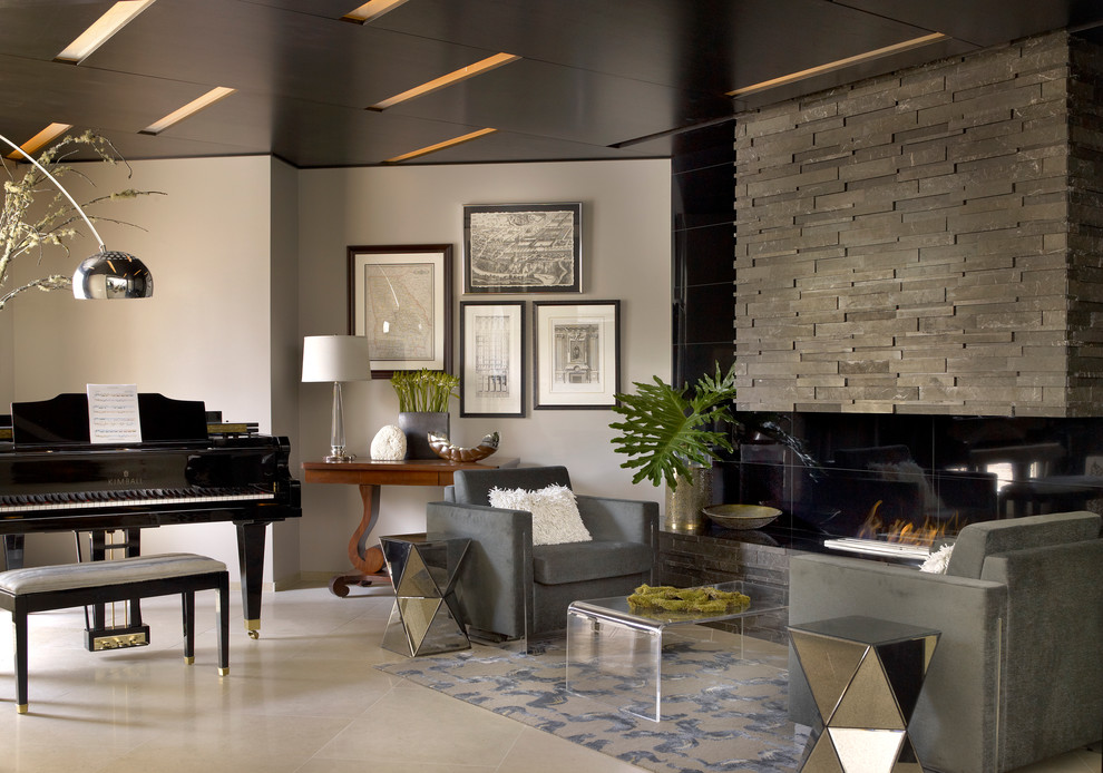 Example of a trendy open concept living room design in Chicago with a music area, gray walls, a ribbon fireplace and a stone fireplace
