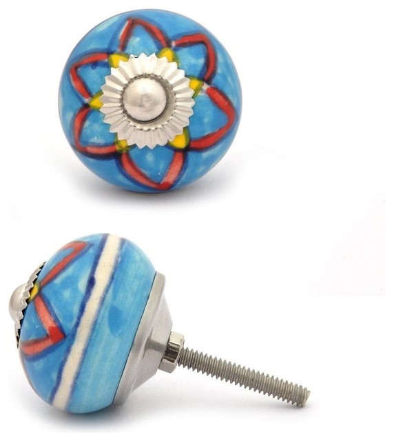 Ceramic Knobs Red Yellow Turquoise Set Of 3 Cabinet And