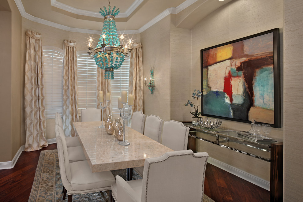 Transitional separate dining room in Tampa with beige walls and dark hardwood floors.