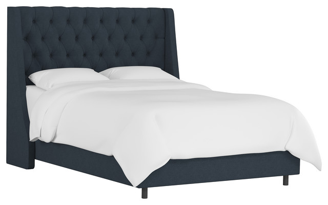Wells Tufted Wingback Bed Linen Navy, Knap Queen Bed With Tufted Wing Headboard