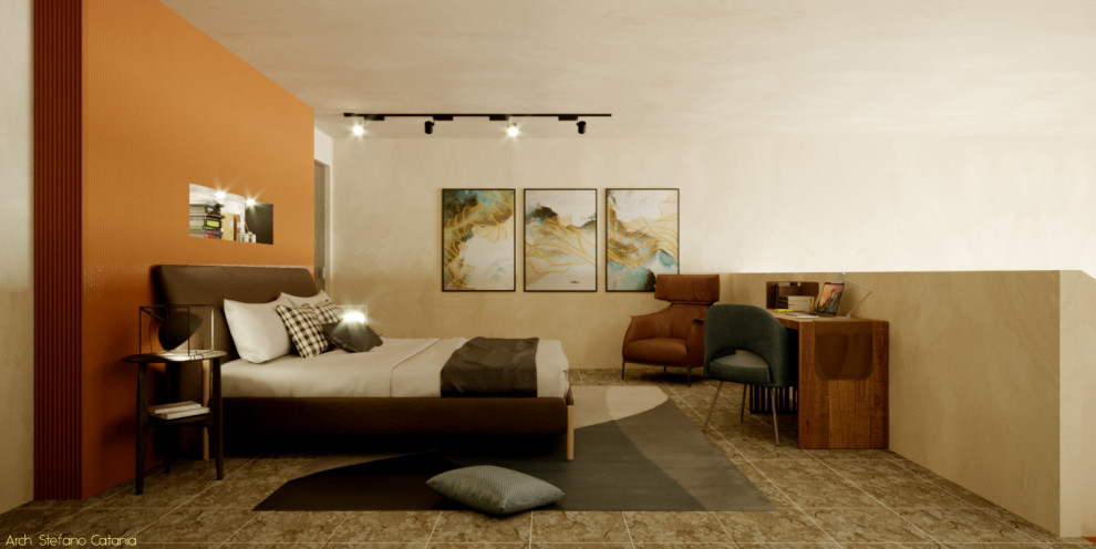 Exempel på ett modernt sovrum, med beige väggar, klinkergolv i porslin och grått golv