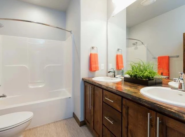 Transitional laminate floor and beige floor tub/shower combo photo with gray walls, a drop-in sink, laminate countertops and brown countertops