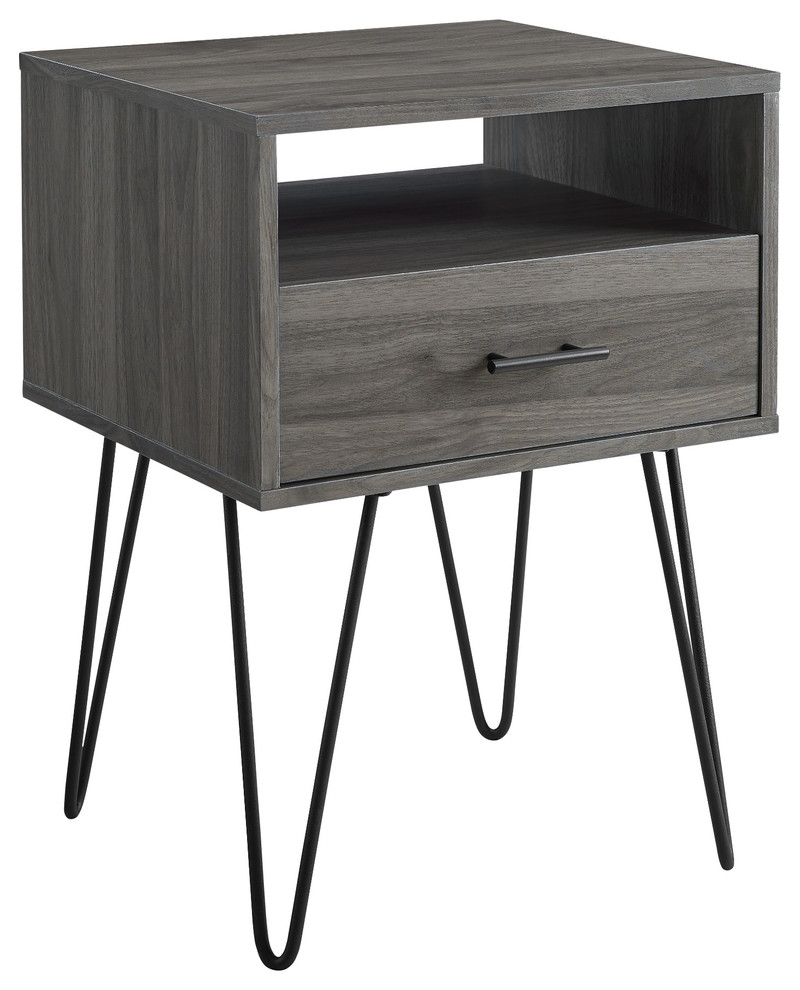 18" Modern Single Drawer Hairpin Leg Side Table, Slate Gray