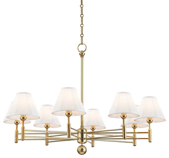 Classic No. 1 8-Light Chandelier With Off-White Silk Shade, Aged Brass