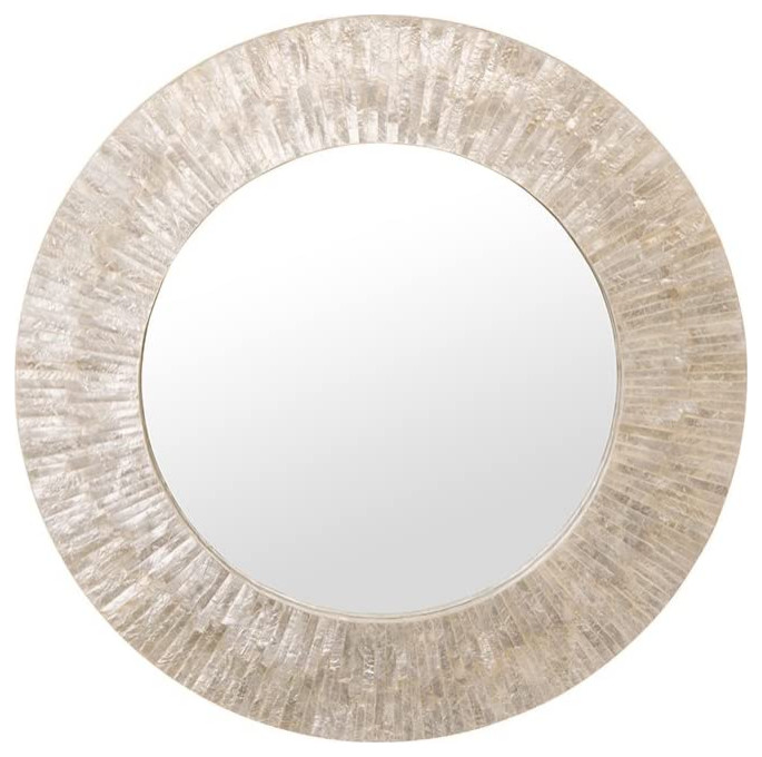 Coastal Round Wall Mirror, White Capiz Seashell Frame With Geometric Pattern Contemporary