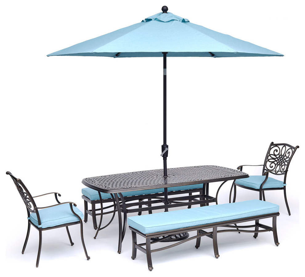 Traditions 5 Piece Outdoor Dining Set Blue With Cast Top Table Umbrella Stand Mediterranean Outdoor Dining Sets By Almo Fulfillment Services