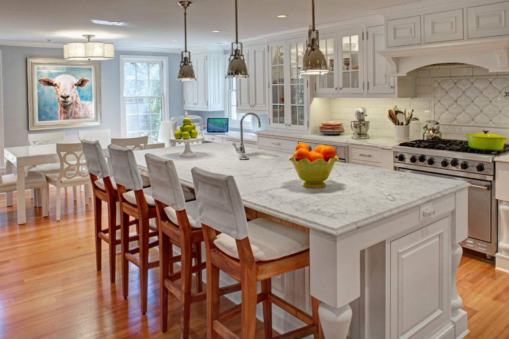 Eat-in kitchen - transitional medium tone wood floor and brown floor eat-in kitchen idea in Baltimore with white cabinets, marble countertops, white backsplash, stainless steel appliances, an island and white countertops