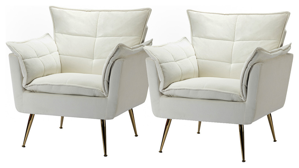 Contemporary Velvet Armchair Set of 2, Ivory