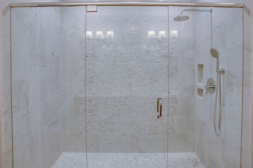 Example of a mid-sized transitional master gray tile and marble tile marble floor doorless shower design in Chicago with gray walls