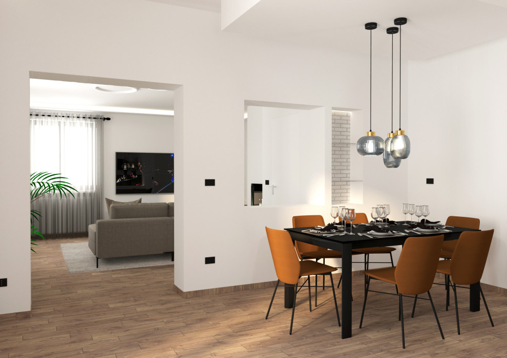 Mid-sized modern open plan dining in Milan with white walls, dark hardwood floors, no fireplace, brown floor, recessed and wallpaper.