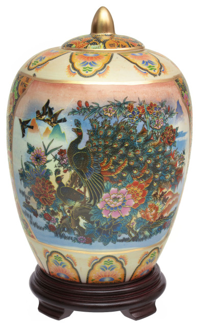 11" Satsuma Ladies and Peacock Porcelain Vase Jar