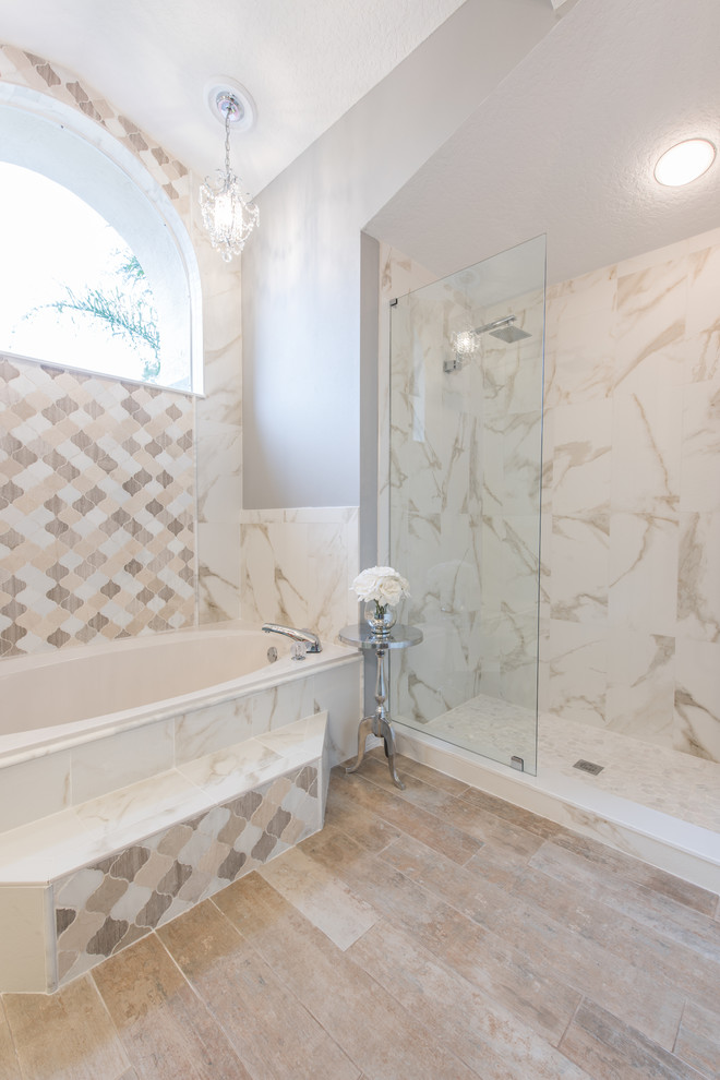 Inspiration for a large traditional master bathroom in Other with turquoise cabinets, engineered quartz benchtops, a vessel sink, a hinged shower door, an alcove tub, an alcove shower, multi-coloured tile, marble and grey walls.