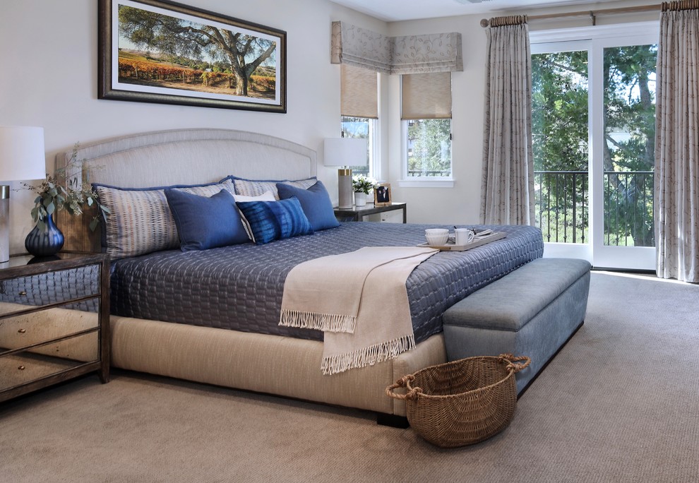 Inspiration for a mid-sized transitional master bedroom in Orange County with beige walls, carpet, no fireplace and grey floor.
