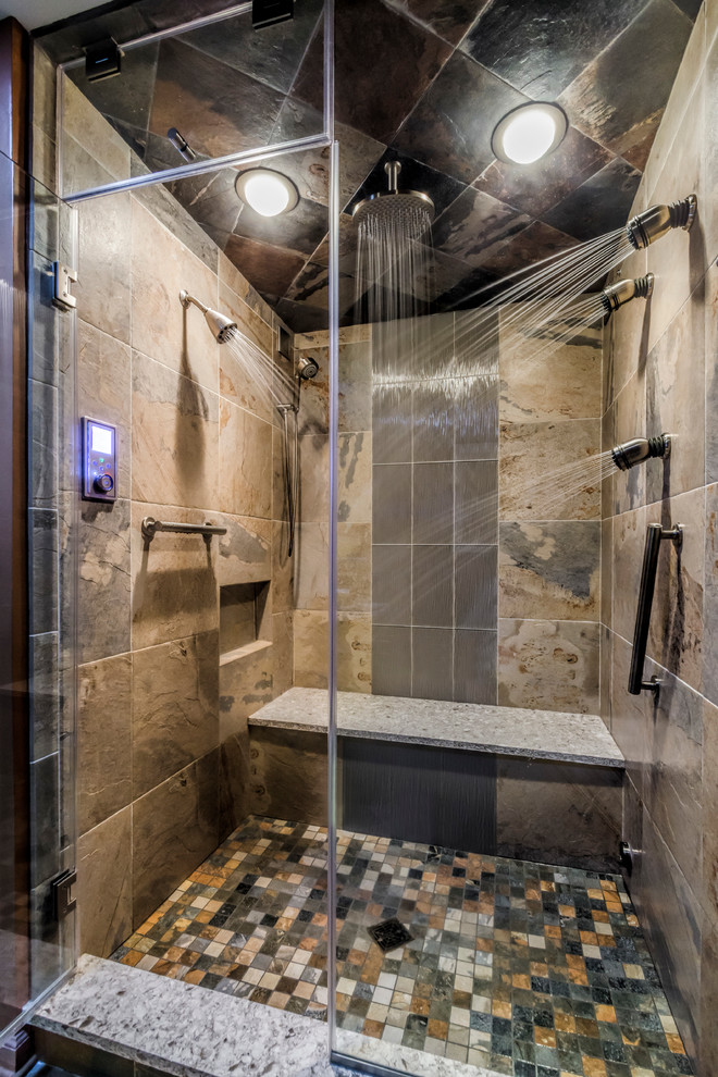 Design ideas for a mid-sized asian master bathroom in Chicago with an undermount sink, recessed-panel cabinets, grey cabinets, engineered quartz benchtops, an alcove shower, a two-piece toilet, multi-coloured tile, porcelain tile, orange walls and porcelain floors.