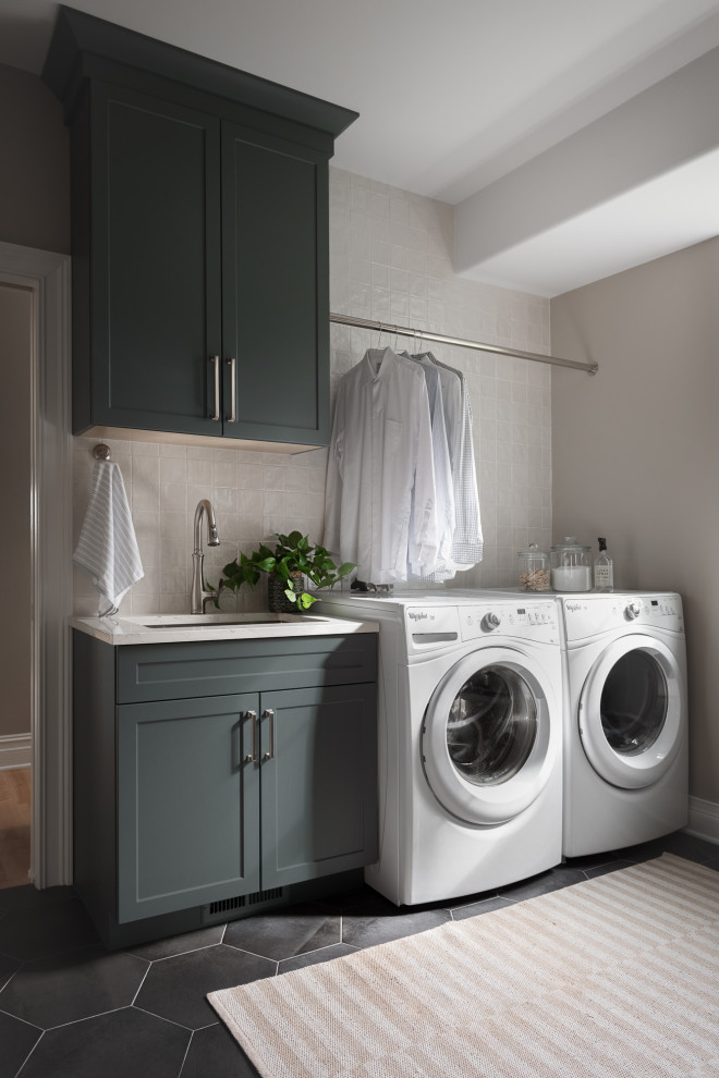 Inspiration for a large coastal laundry room remodel in Chicago