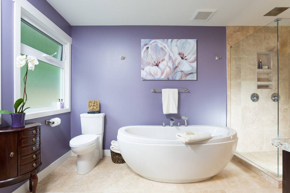 Example of a mid-sized minimalist beige tile beige floor freestanding bathtub design in Toronto with a one-piece toilet, purple walls, granite countertops and a hinged shower door