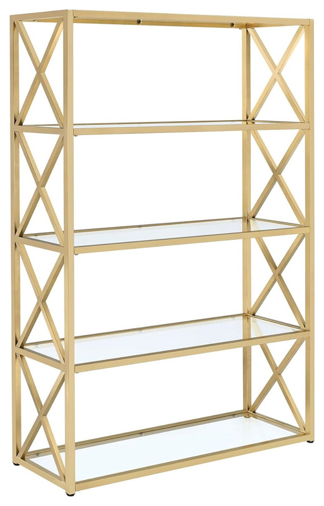 Bookcase, Metal Frame With X Shaped Sides & Clear Glass Shelves, Gold Finish