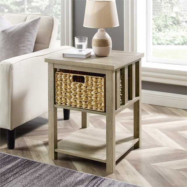 Pemberly Row 18" Storage End Table with PVC Rattan Basket in Driftwood ...
