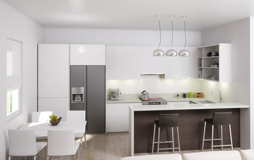 Inspiration for a small modern l-shaped light wood floor eat-in kitchen remodel with an undermount sink, flat-panel cabinets, white cabinets, granite countertops, white backsplash, cement tile backsplash, stainless steel appliances and a peninsula