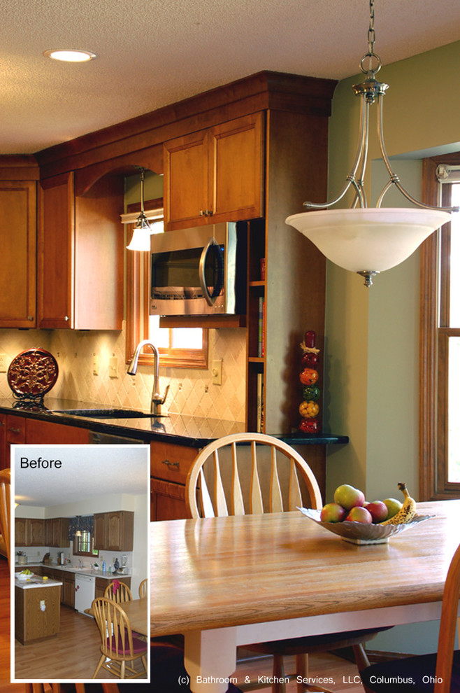 Mid-sized transitional medium tone wood floor eat-in kitchen photo in Columbus with an undermount sink, granite countertops, beige backsplash, stone tile backsplash, stainless steel appliances, an island, flat-panel cabinets and medium tone wood cabinets
